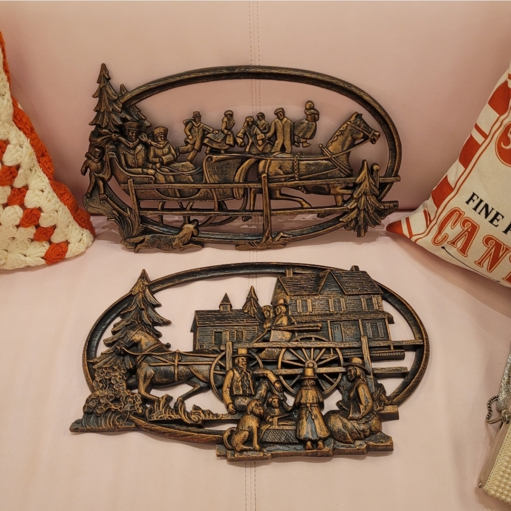 Vintage Syroco Christmas theme wall plaques by Copperfield Guild